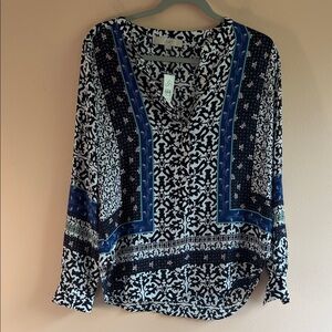 LOFT Navy, Blue & White Mixed Print V-Neck Blouse
